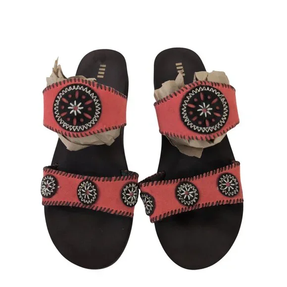 Lands End Wedge Sandal Womens 10 Red Brown Slip On Cushioned Southwestern Casual - Picture 4 of 9